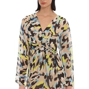 Donna Morgan Printed Maxi Dress in Beige, Blue & Yellow